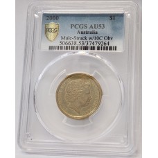 AUSTRALIA 2000 . ONE 1 DOLLAR COIN . ERROR . MULE . STRUCK ON TEN 10 CENTS